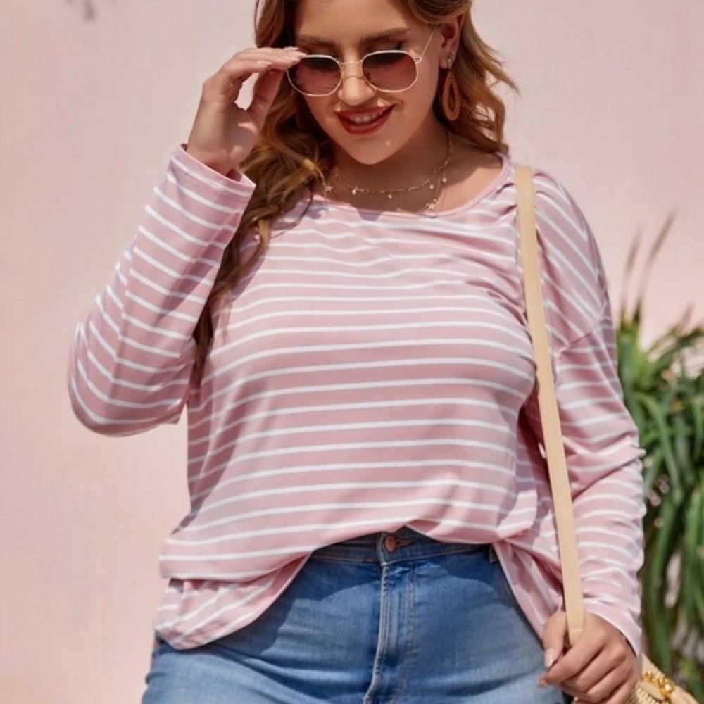SHEIN Striped Drop Shoulder Split Hem Tee Pink Plus Size 4XL